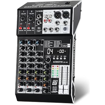 Audio Mixer 4-Channel Professional Sound Mixer with 99DSP Effects Compact DJ Mixer with USB Bluetooth 48V Phantom Power and Pad Button for Recording Karaoke PA Drums and Live Music