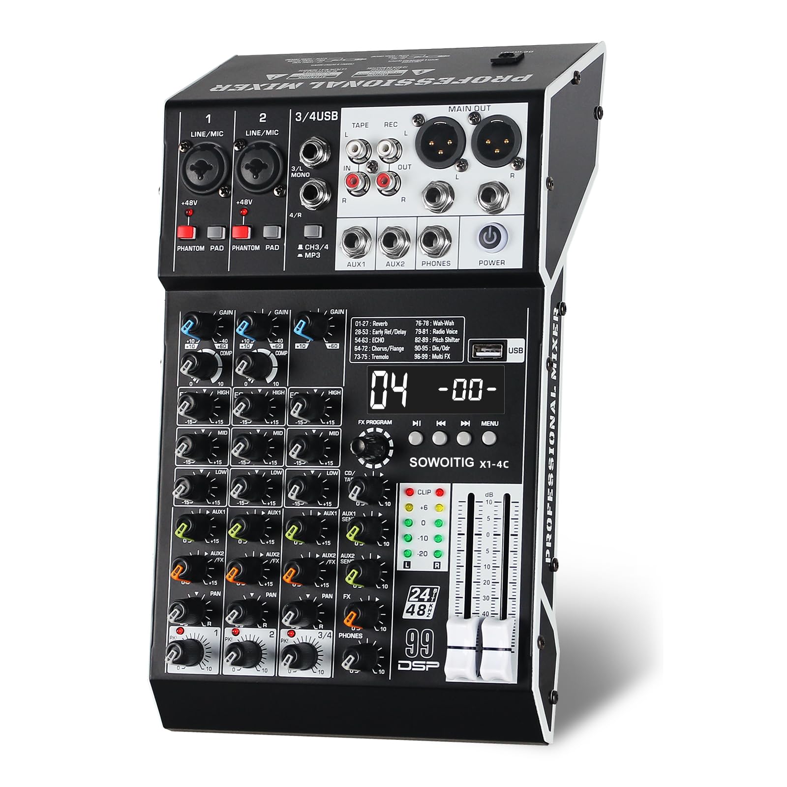 Consola de mezcla de audio de 4 canales con 99 efectos DSP, mezclador DJ digital, panel de mezcla profesional con USB, Bluetooth, alimentación fantasma de 48 V