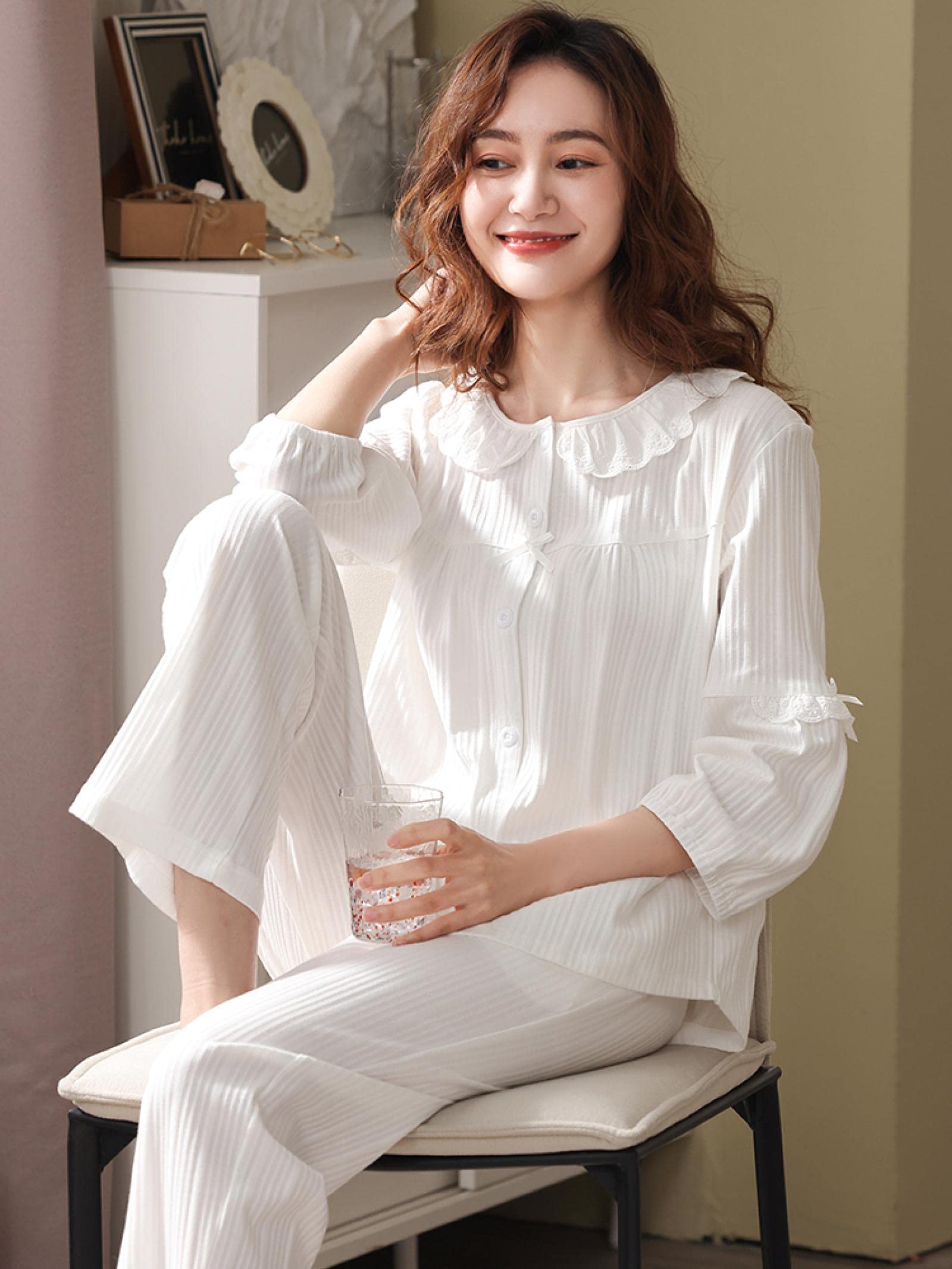 Un Pijama Cómodo Pijamas De Mujer Pijamas De Mujer Pijamas De Mujer Conjunto De Pijamas De Algodón 100% Ropa De Dormir 2 Piezas Traje De Pijama para Mujer Ropa De Casa,White-M