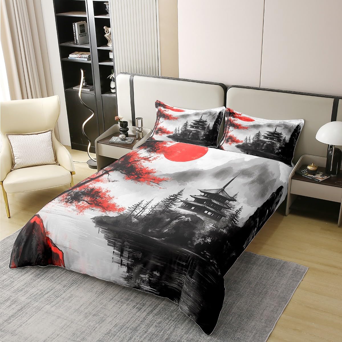 100% Baumwolle Bettbezug Kirschblüte Bettwäsche Set 155x220 Japanische Tradition Stil Tröster Abdeckung Kinder Jungen Mädchen,Retro Aquarell Bett Set Landschaft mit 1 Kissenbezug Schlafzimmer Dekor