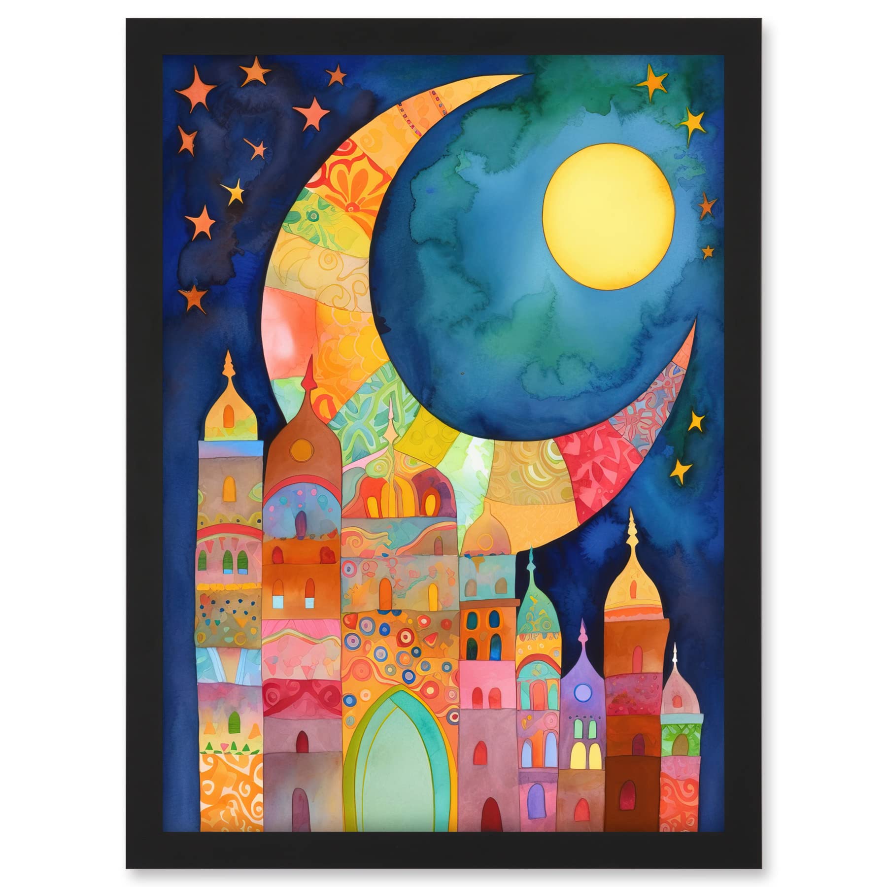 Artery8 Eid Crescent Moon Cityscape Folk Art Watercolour Painting Artwork Framed A3 Wall Art Print