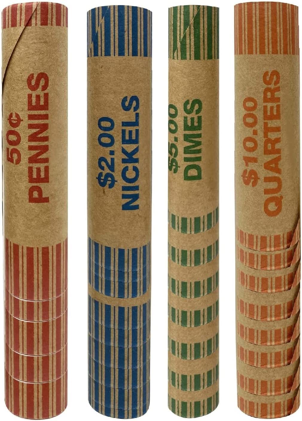 Nadex Münzrollenwickler, vorgeformt, gekräuseltes Ende, je 64 Stück, Nickel, Dimes, Pennies und Viertel, 256 Stück
