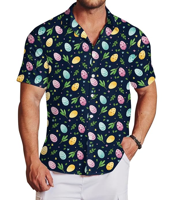 Men Easter Shirts Bunny Hawaiian Tops Festival Funny Eggs Short Sleeve Collared T-Shirts L by AOBUTE - Image 2