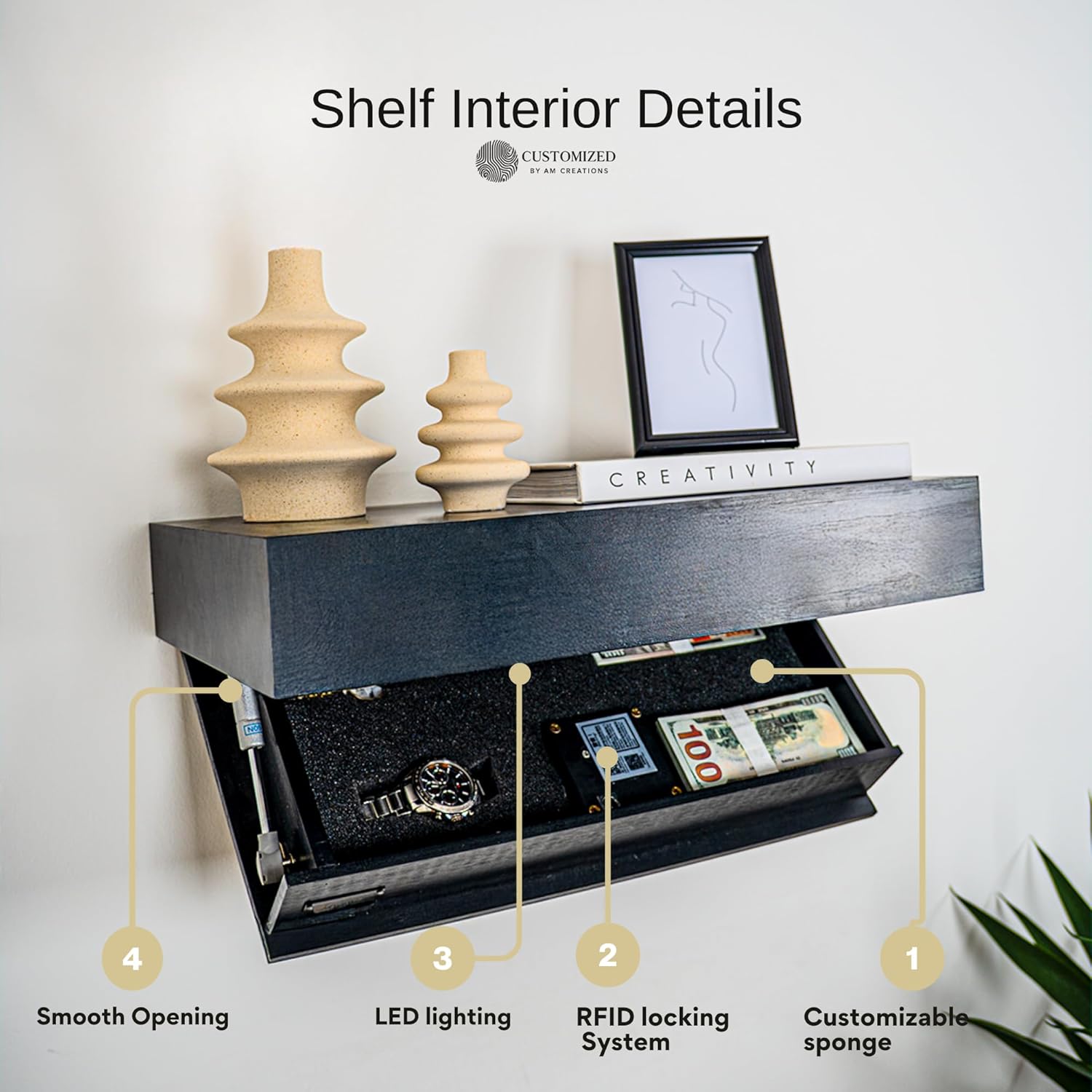 Concealment Shelf with RFID Lock - Concealed Gun Floating Shelf with Hidden Storage Compartment, Wooden Shelves for Wall Mount Display with Secret Drawer, Weapon Hiding Furniture Safe by AM Creations