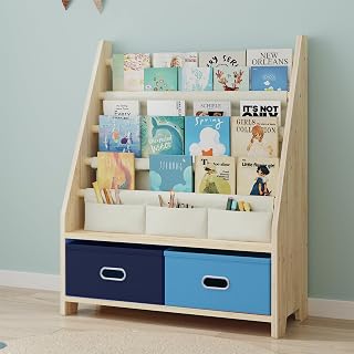 EXPERLAM 4-Tier Wooden Kids Bookshelf with Toy Storage - Sling Book Rack Organizer for Toddlers, Boys & Girls, Blue Nursery Shelf