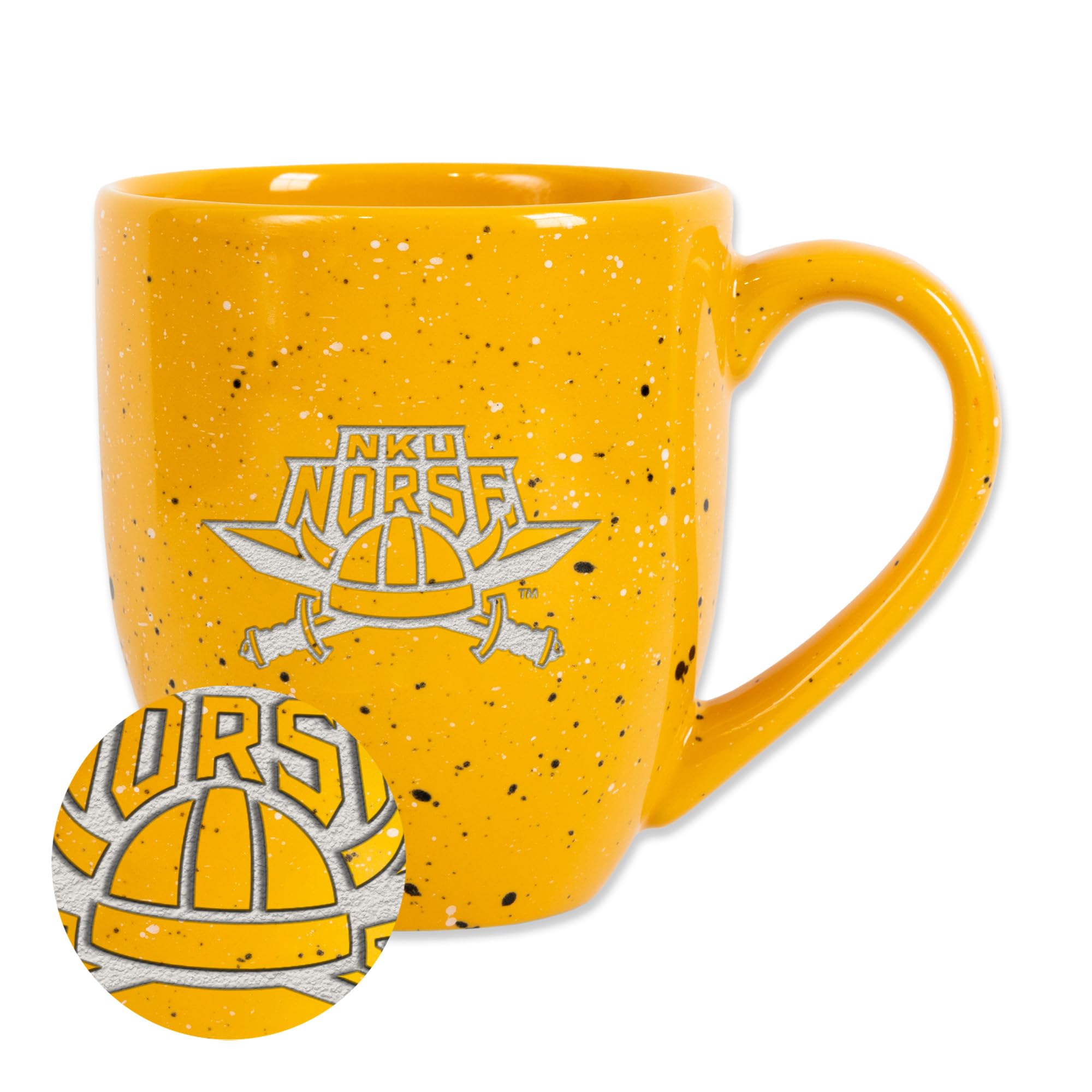 Rico Industries NCAA Northern Kentucky Norse Primary Logo Yellow 16 oz Team Color Laser Engraved Speckled Ceramic Coffee Mug
