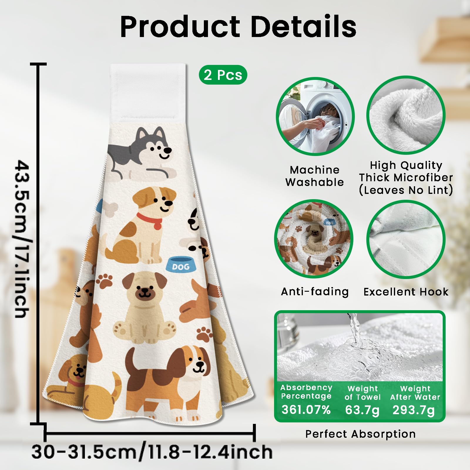 CUTHOLLOW Cartoon Puppy Hanging Kitchen Towels with Loop, Set of 2 - Image 2