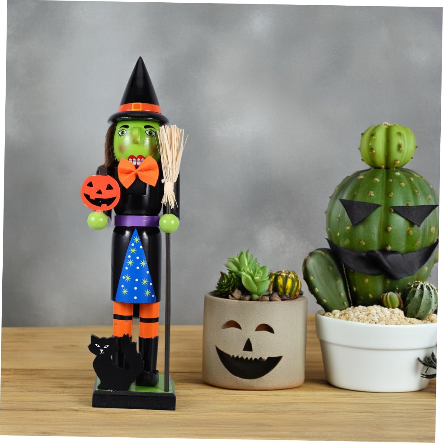 Cabilock Halloween Wooden -Lantern Nutcracker Figurine Handpainted Pumpkin Witch Decor for Spooky Party Centerpieces for Halloween Celebrations