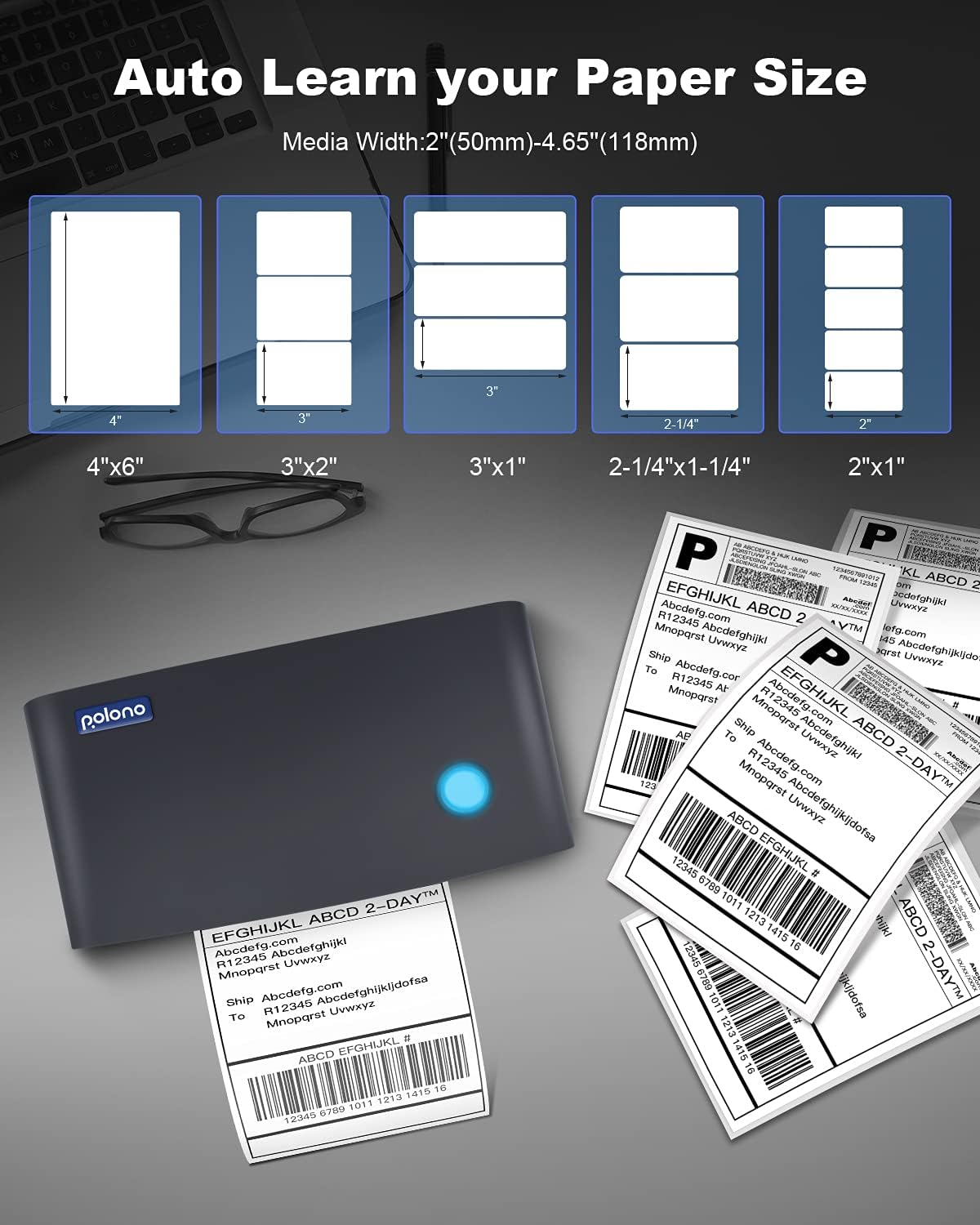 Polono Thermal Label Printer - 150mm/s 4x6 Label Printer for Shipping Packages, Commercial Thermal Label Maker, Compatible with , Ebay, Etsy, Shopify, FedEx, etc, Support Windows and Mac (Gray)