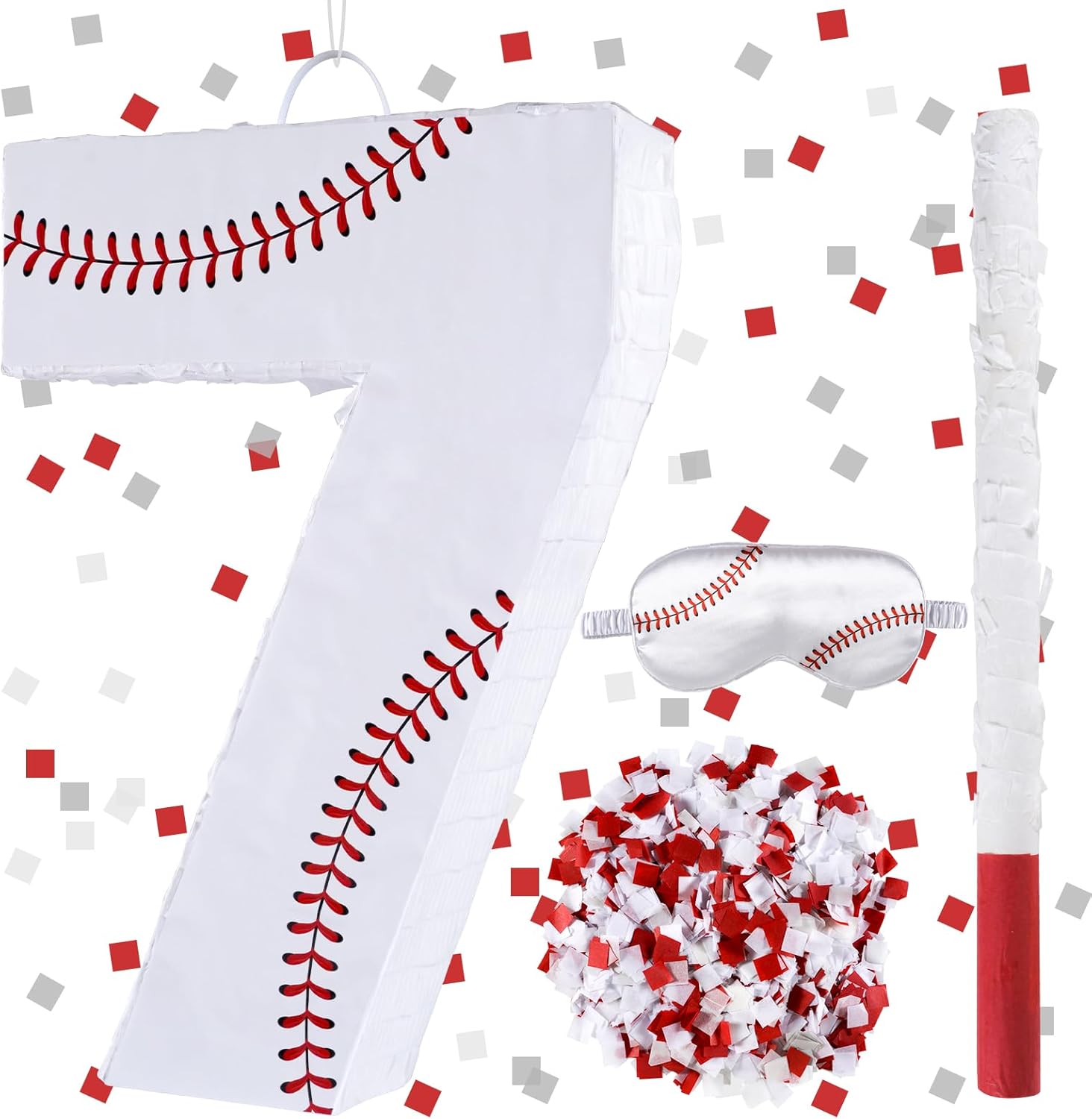 Baseball Birthday Decorations, Baseball Number 7 Piñata with Blindfold Stick Blindfold Confetti for Baseball Pinata Sports Theme 7th Birthday Party Supplies (7TH)