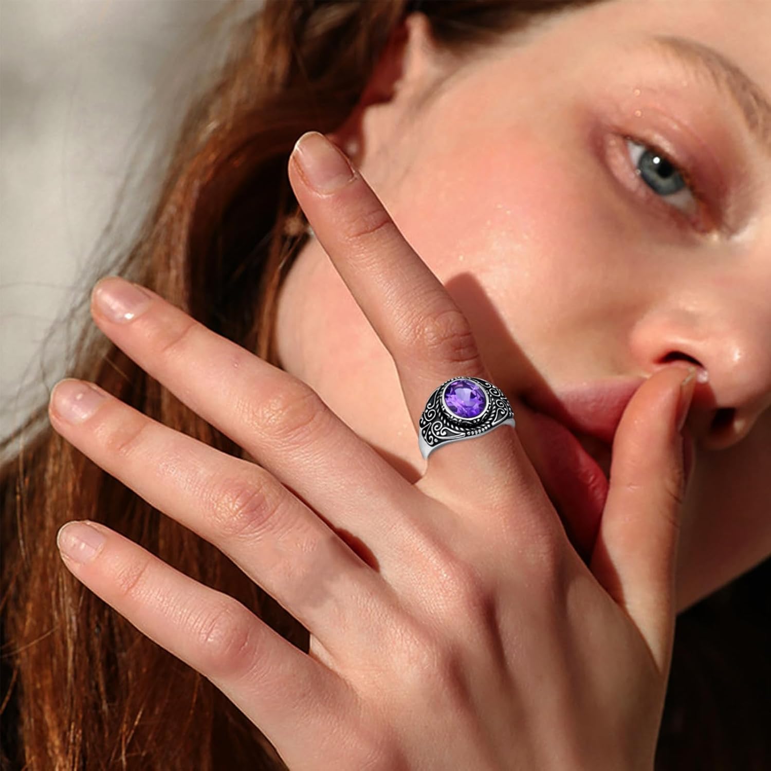 Natural Amethyst Vintage Rings for Women S925 Sterling Silver Retro Style Oval Gemstone Statement Ring Birthstone Jewelry for Mom Girlfriend Her in Size - Image 3