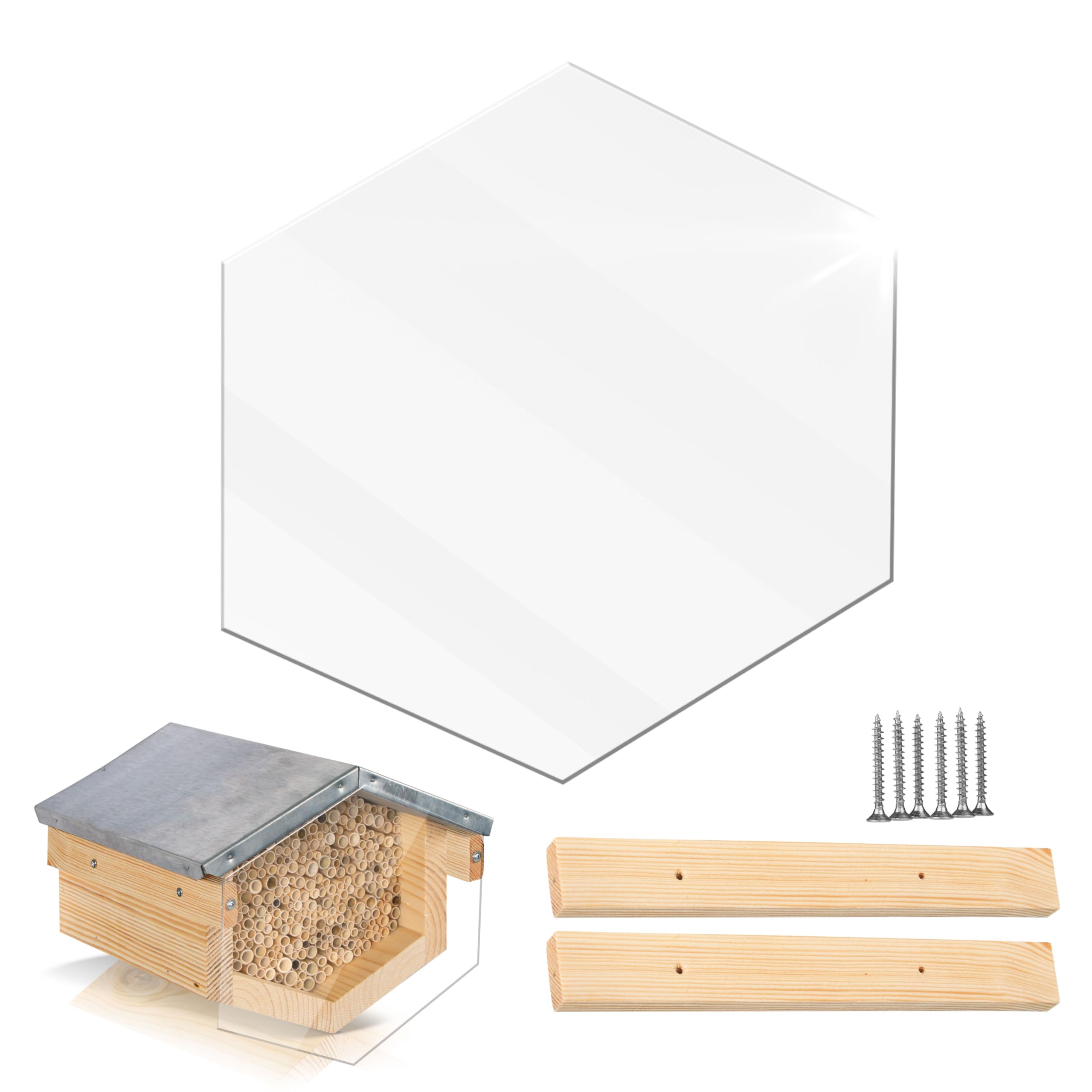 Beesi Wildbienenhotel mit Vogelschutz I Dach wetterfest I Nisthülsen aus Bambus I hochwertiges Insektenhotel I ohne Splitter mit Acrylgrlas Vogelschutz (Schilf - Für kleinere Bienen, Brown)