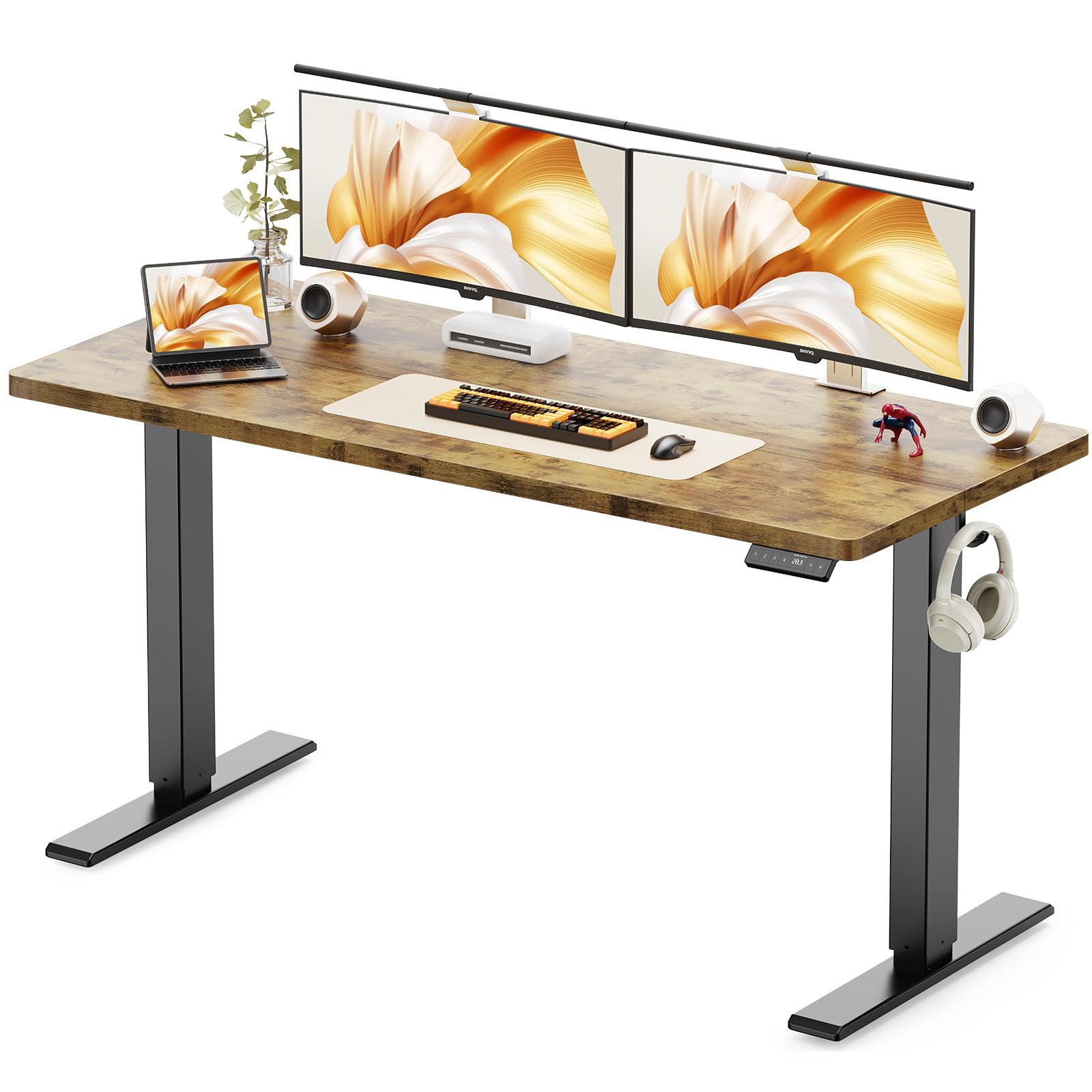 WALKINGDESK 140 x 60 cm Standing Desk, Electric Height Adjustable Desk with 2 Hooks, Computer Desk with 4 Memory Heights and Splice Board, Ergonomic Sit Stand Table for Home Office, Rustic Brown