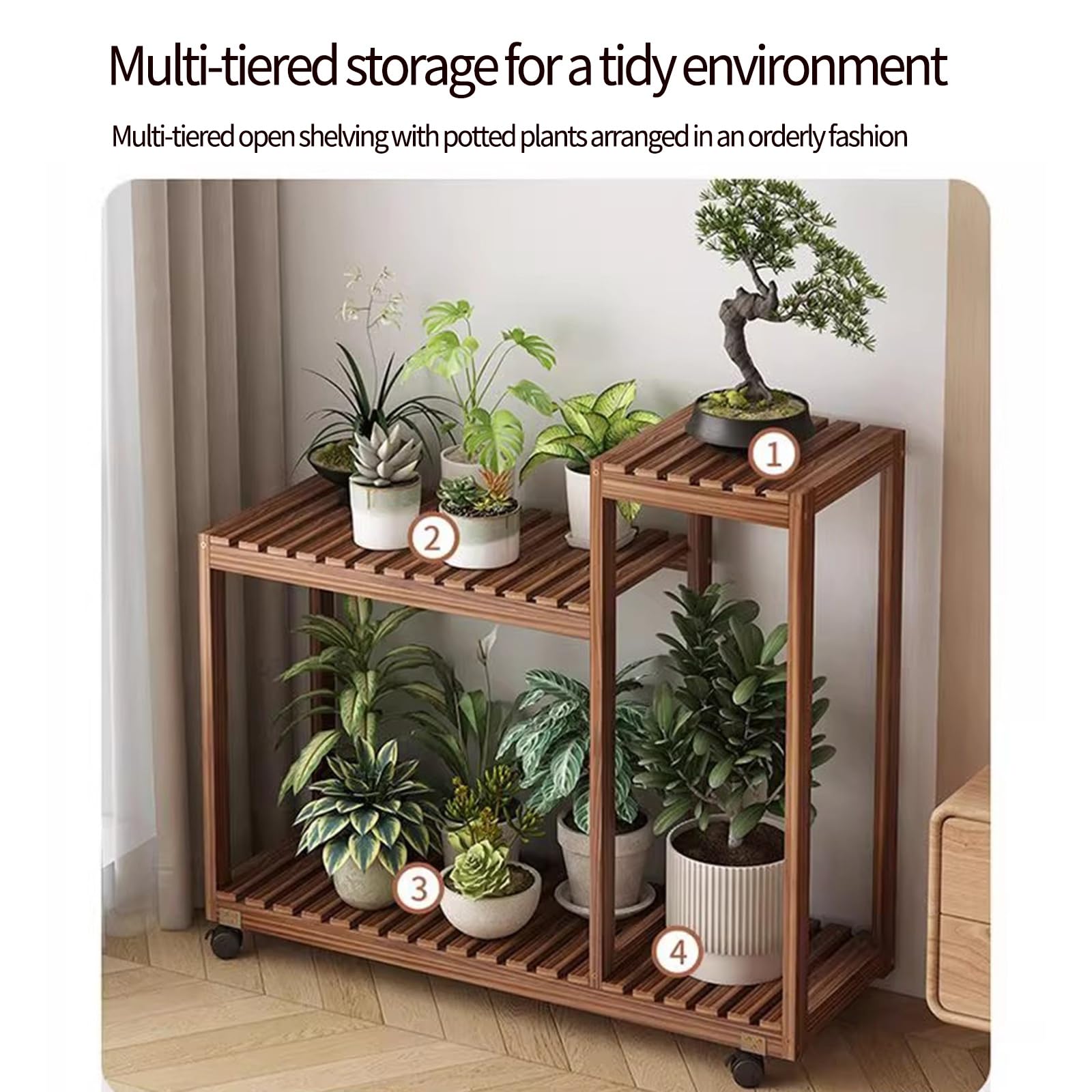 Supporto per Piante multilivello in Legno massello con Ruote. Scaffalatura Versatile per Interni ed Esterni, Ideale per soggiorni, balconi, Giardini e camere da Letto. Elegante por