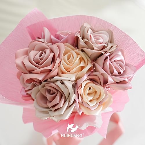 Miniatura 4 de HUIHUANG Cinta rosa rosa de 1-12 pulgadas, color rosa polvorientooro rosarosa malvavainillamelocotón, cintas de satén para ramo de flores de boda,