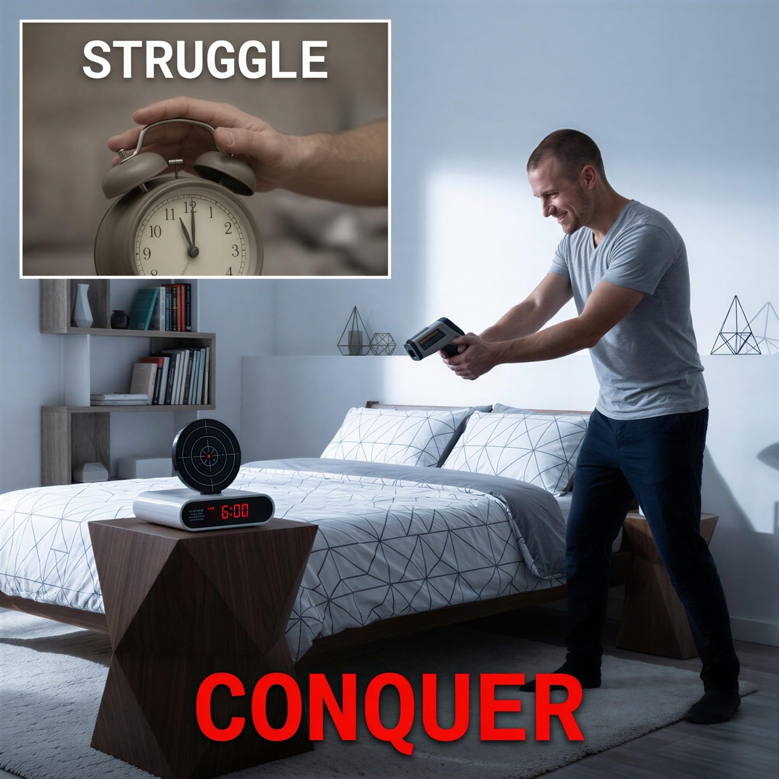 Sveglia digitale con timer per sparatutto con pistola e bersaglio, display a LED, gadget per sveglia, registrazione vocale e doppia modalità, regalo divertente per adulti, camera da letto