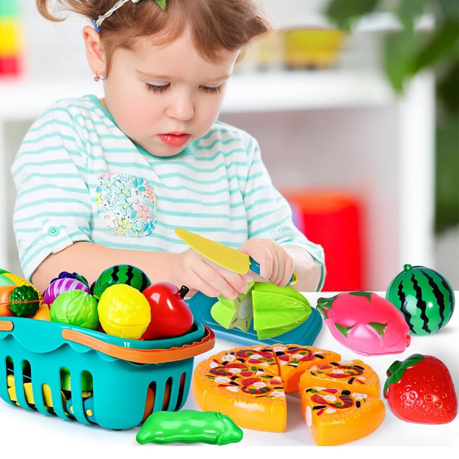 Set di giocattoli per tagliare alimenti con frutta, cestino, piatti, taglierina e utensili per giochi di ruolo in cucina, giocattolo alimentare
