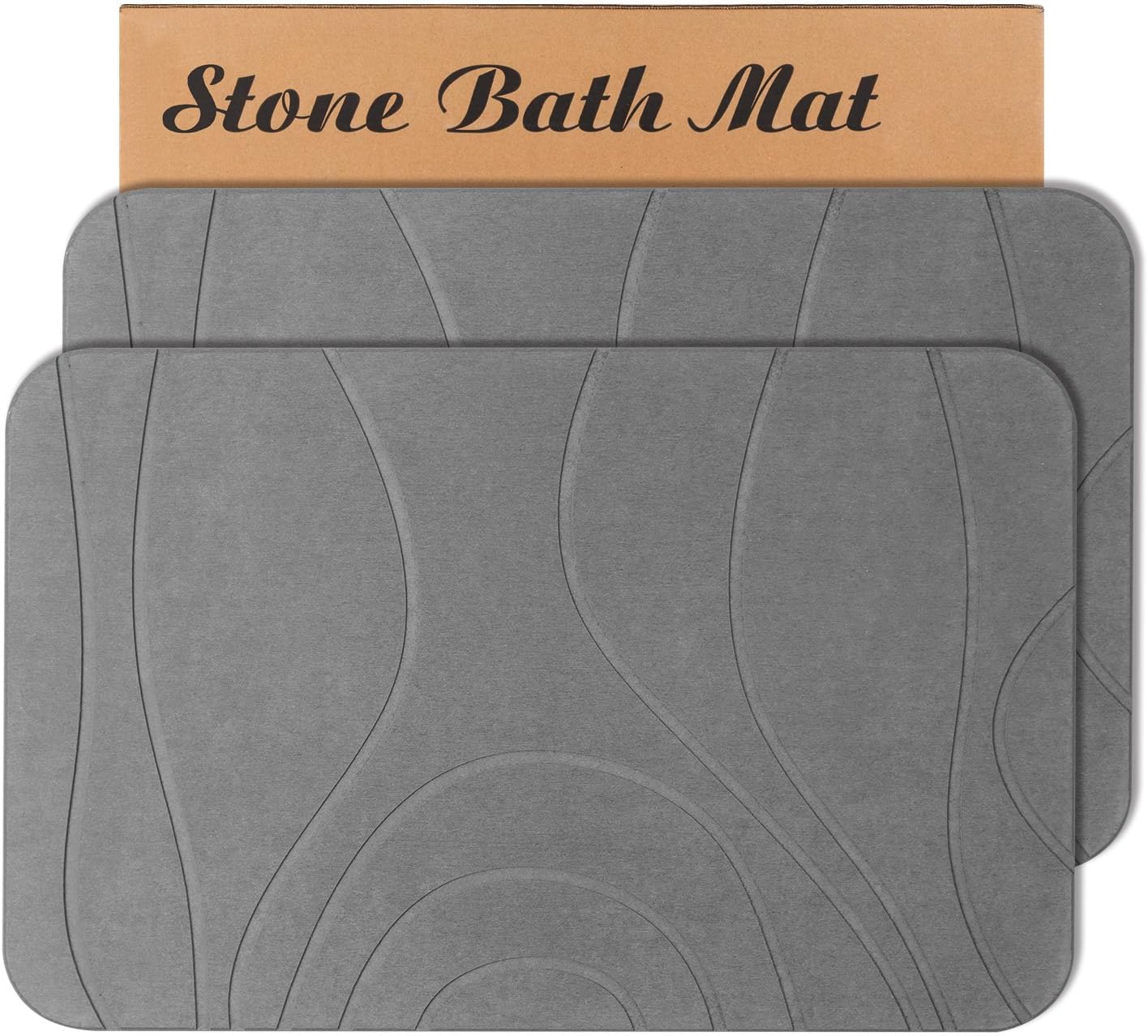 Stone Bath Mat, 2 Pack Diatomaceous Earth Shower Mat, Non-Slip Super Absorbent Quick Drying Bathroom Floor Mat, 24x15, Grey Grey-curved Pattern 2
