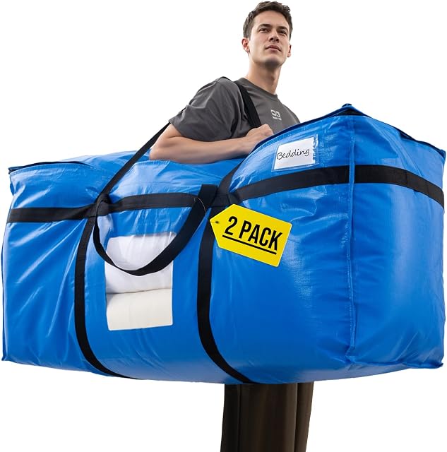TAILI 69 Gallon Extra Large Sacs de rangement, XXL Sacs de déménagement à usage lourd bleu pour le rangement avec fenêtre visible, poignées d'enroulement autour, totes pour Space Sauvetage, alternative aux boîtes mobiles (2 Boîte)