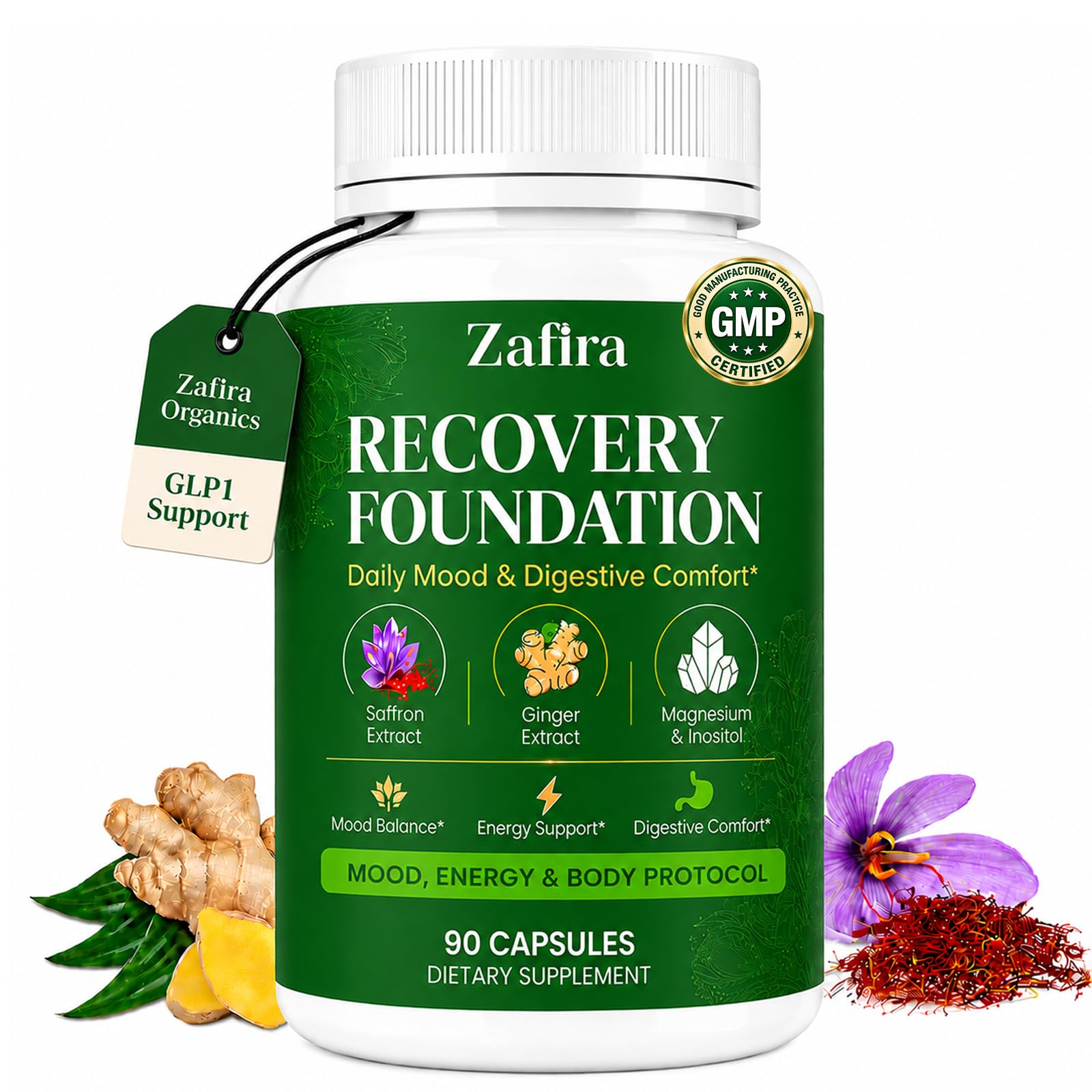 Zafira Organics Recovery Foundation, Natural Herbal Formula with Saffron Ginger Extract, Magnesium, Zinc, B12 for Digestion, Mood, Hair Support, 90 Capsules