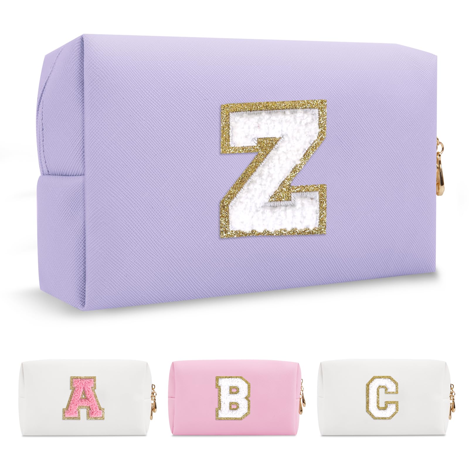 Personalized Makeup Bag Initial A-Z Preppy Patch Bag,Small PU Leather Travel Cosmetic Bag Pouch with Zipper,Purple Cute Toiletry Bag,Gift Ideal for