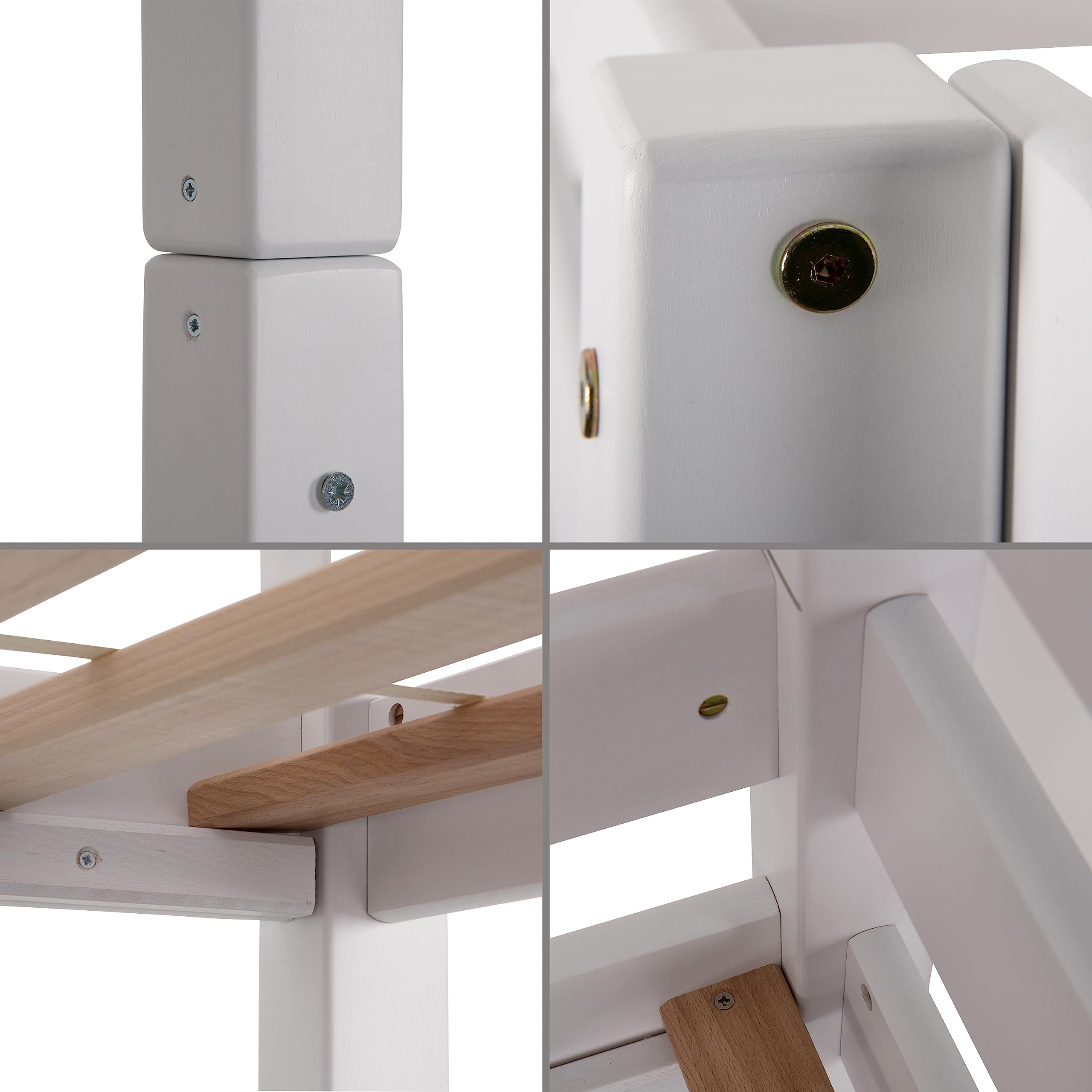 Staboos Hochbett Leni 90x200 cm Kinderhochbett mit Leiter und Rausfallschutz – Massivholz Kernbuche Weiß lackiert mit Rollrost, bis 120 kg belastbar (Weiß, HB-017)
