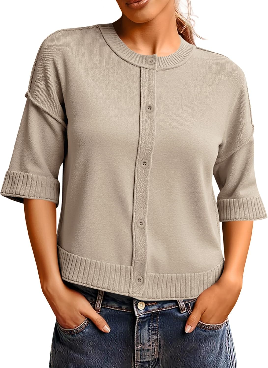 Saodimallsu Womens 3/4 Sleeve Cardigan Sweaters Button Down Crewneck Knit Cropped Tops Casual Fall Outerwear