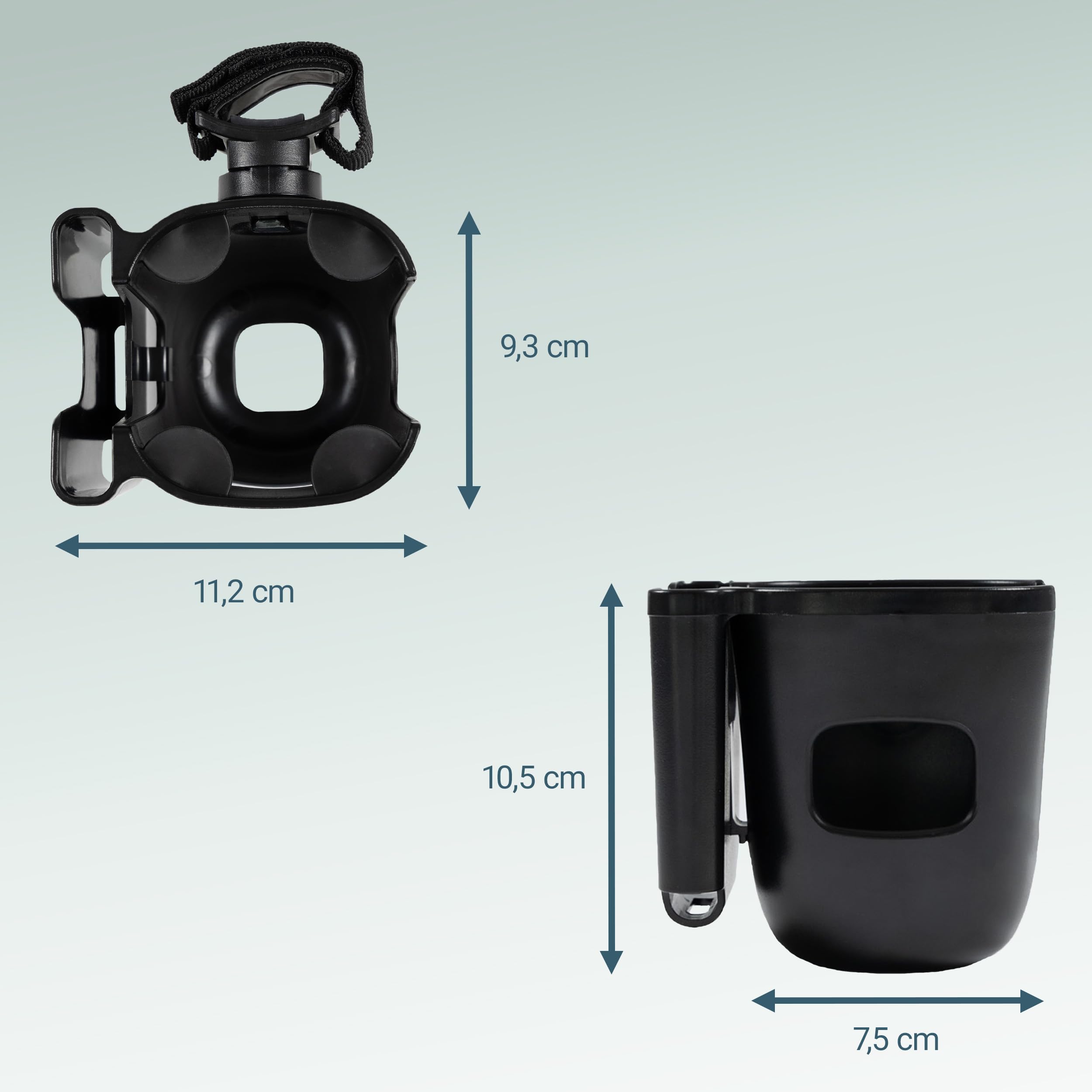 Zamboo Portavasos y Soporte para Movil para Silla de Ruedas, Andador y Ayudas a la Movilidad | Porta Botellas Universal 2 en 1 para Bebidas y Smartphone, Giratorio 360° | Fácil instalación – Negro