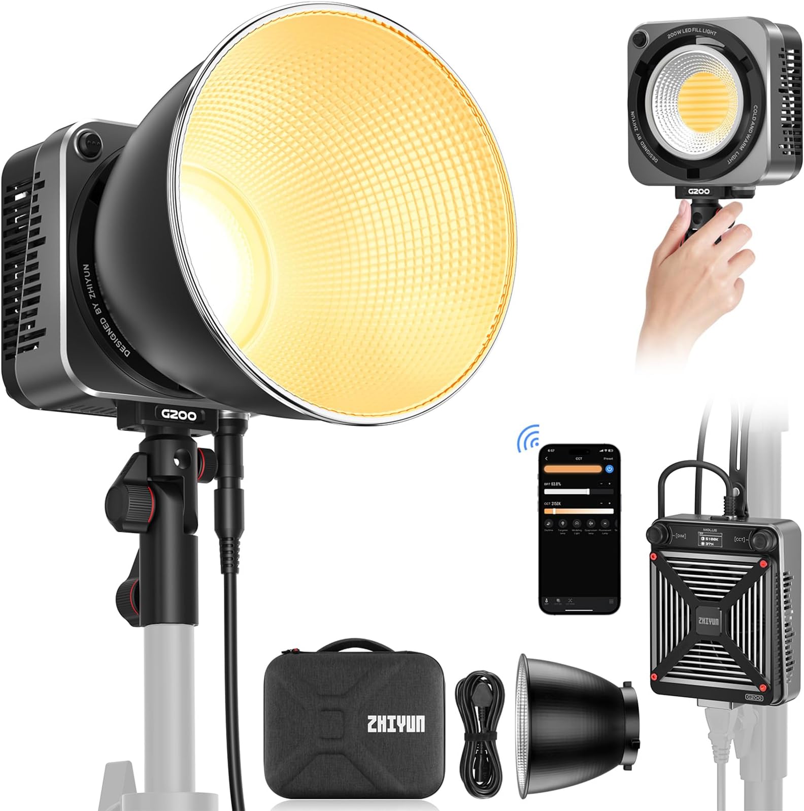 MOLUS G200 [Official] 200W Video Light with Bowens Mount, Portable Light with Ultra Quiet DynaVort Cooling System, ZY Vega APP Control, 85800Lux/m 2700K-6500K