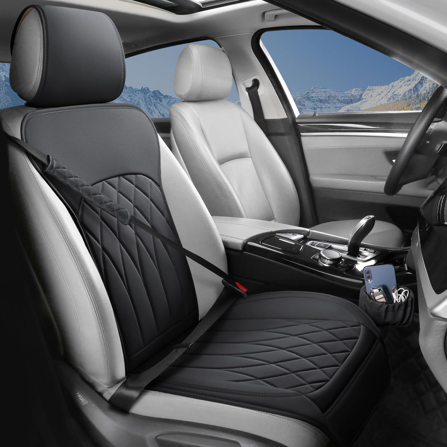 1 Pack Leather Front Car Seat Cover, Universal Sideless Car Seat Protector with Storage Pocket and Seat Belt Pad, Waterproof Automotive Seat Cover