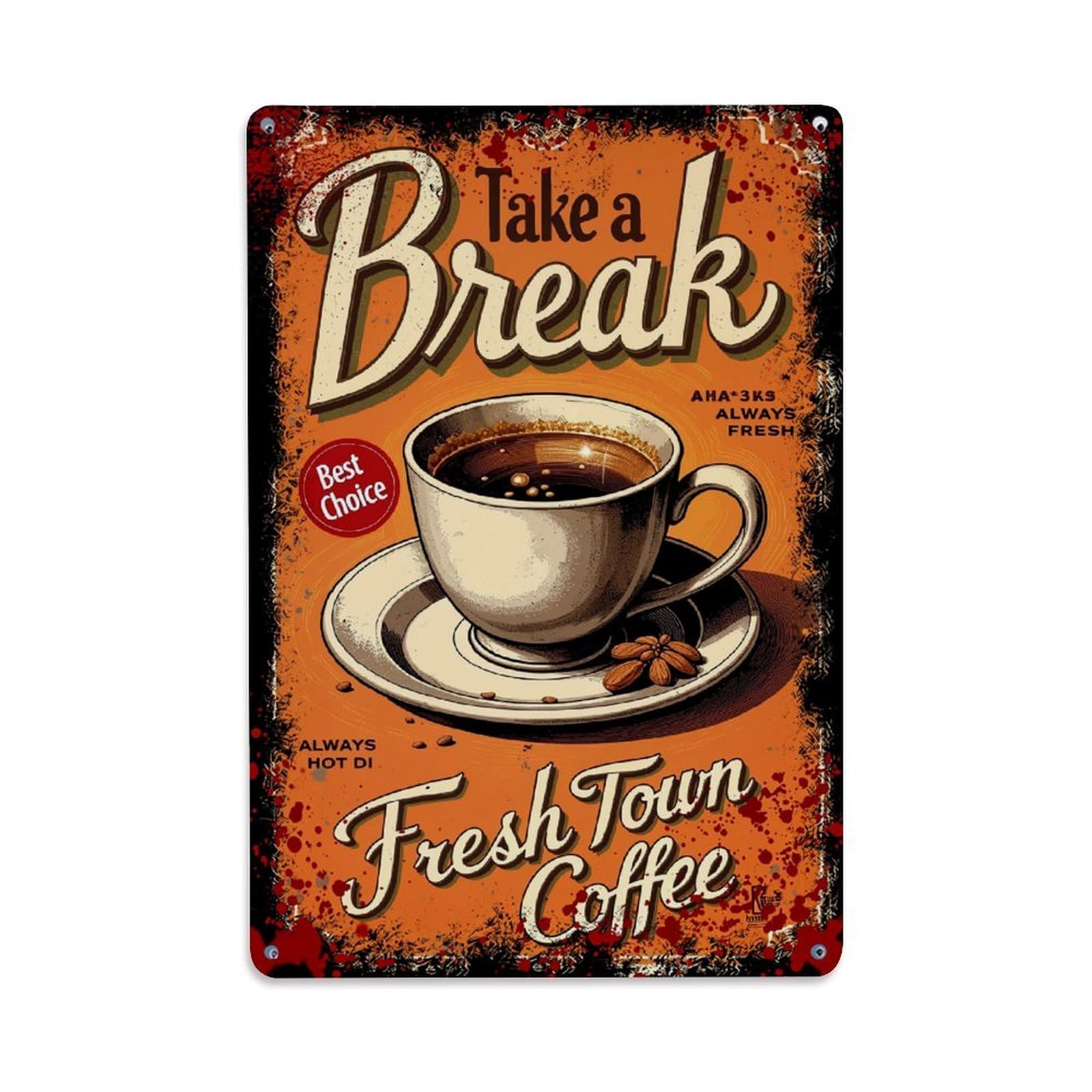 Jdyaojiesheng Vintage Take A Break Fresh Town Coffee Tin Sign Retro Metal Wall Decor Metal Poster, Home Bar Garage Farmhouse Cafe Wall Art Decoration 8X12inches