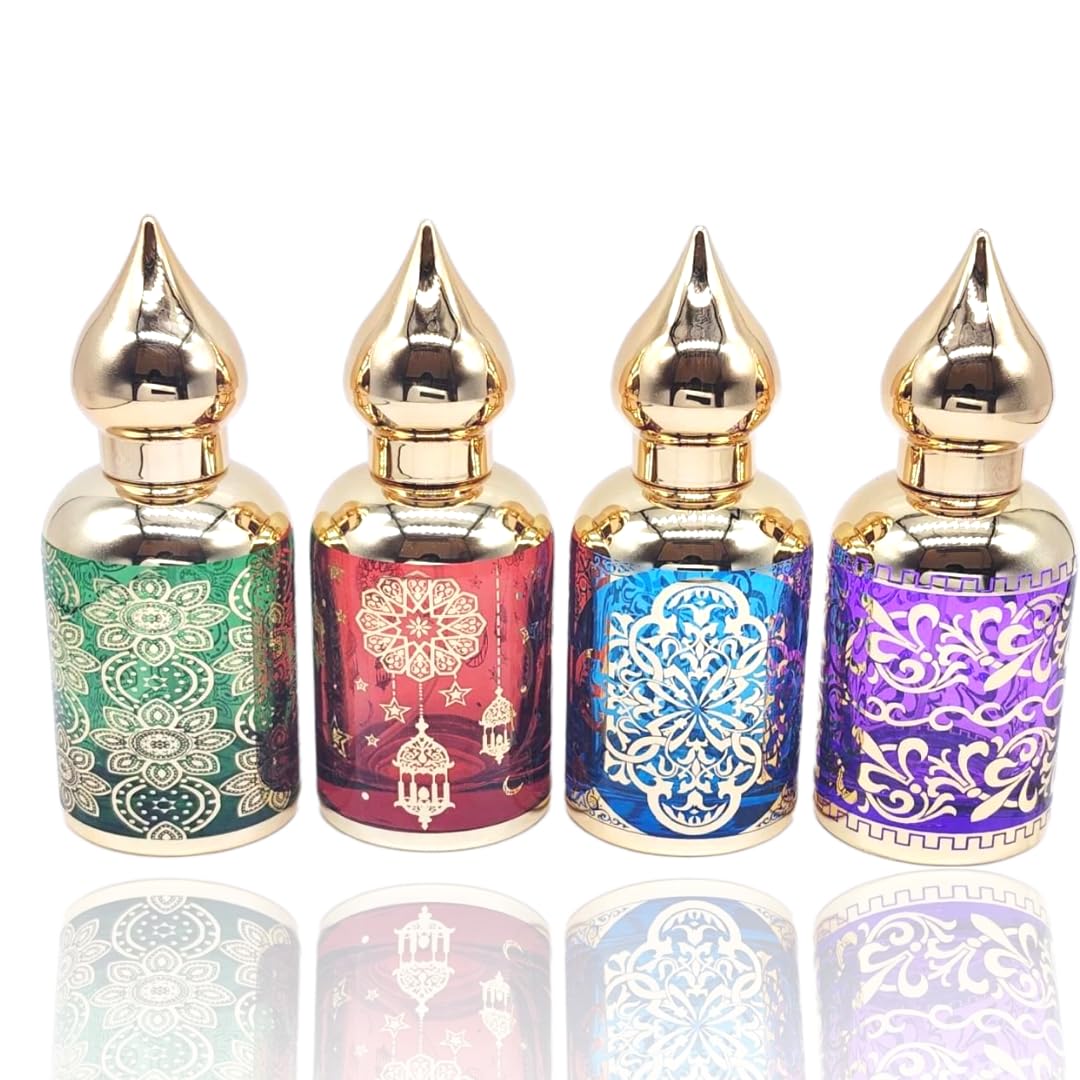 Hunky Dory 4pcs 50ml Empty Glass Perfume Decant Spray Bottles with Metally Easy Pump and Fancy Cap For DIY Perfume, Essential Oils, Rose Water, Travel Use (Multicolour-picture-42