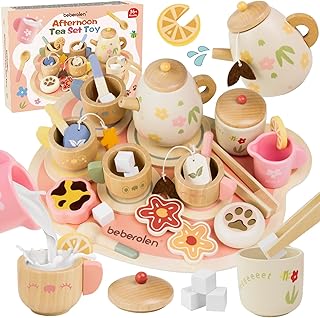 Beberolen Children's Wooden Tea Service Set, 31 Pieces Tea Service Children's Kitchen Play Kitchen Accessories Made of Wood, Kitchen Toy Tea Set with 4 Cups, Educational Role Play Tea Set, Gift Girls