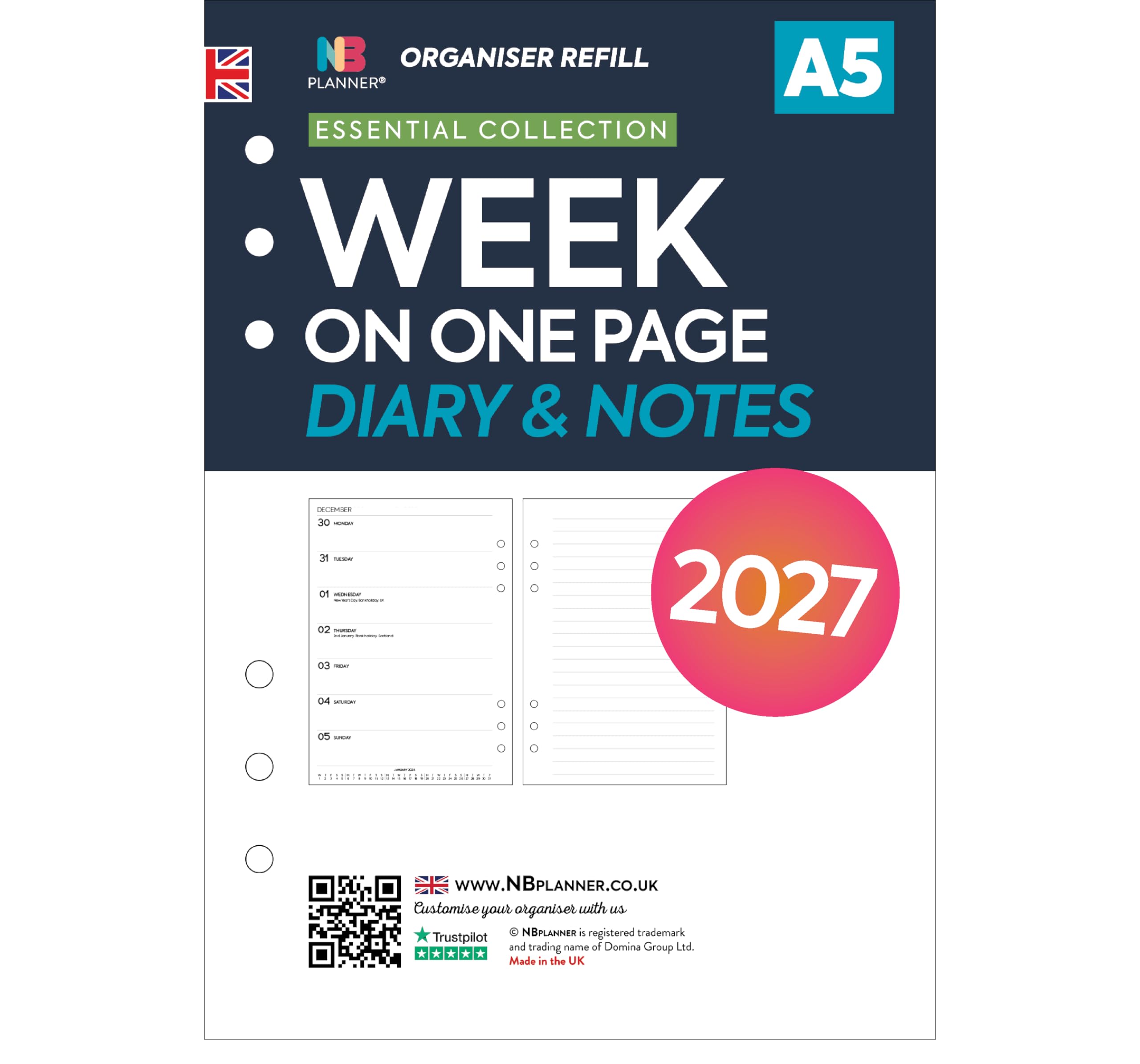2027 A5 size Week on one page diary & lined notes refill insert | January 2027 – December 2027| Compatible with Filofax A5 size 6-ring organisers | 148 x 210mm — image 1