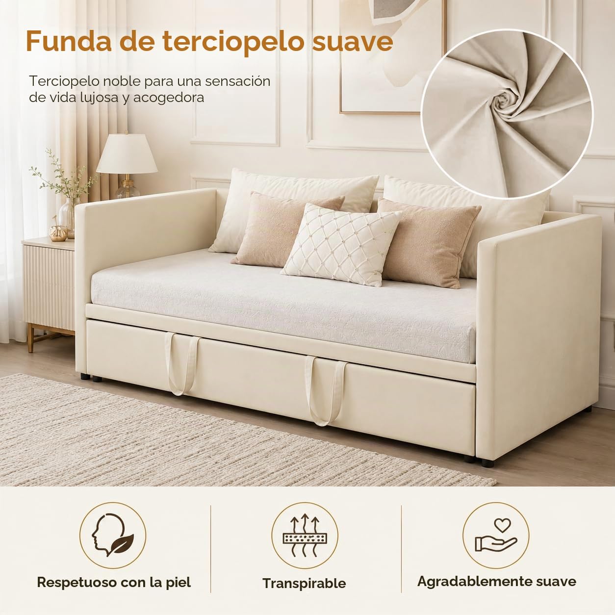 Sofá Cama Extensible 90/180x200 cm, Sofa Camas Convertible con Somier de Láminas, Cama de día Extensible a Camas Doble, Tejido Aterciopelado, Sin Colchón