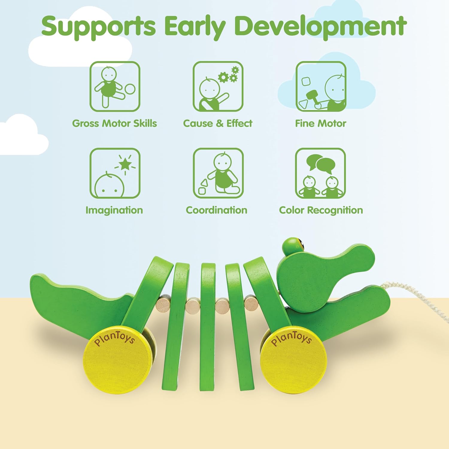 PlanToys® Dancing Alligator Pull Toy for Toddlers | Eco-Friendly Wood Toy with Click-Clack Sound | Walking Toy for Babies