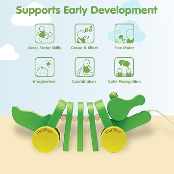 PlanToys Dancing Alligator Pull Toy for Toddlers | Eco-Friendly Wood Toy with Click-Clack Sound | Walking Toy for Babies | sound motion, toddler pull toys, animal design, girls, boys, gross motor cause & effect early learning gift for kids idea