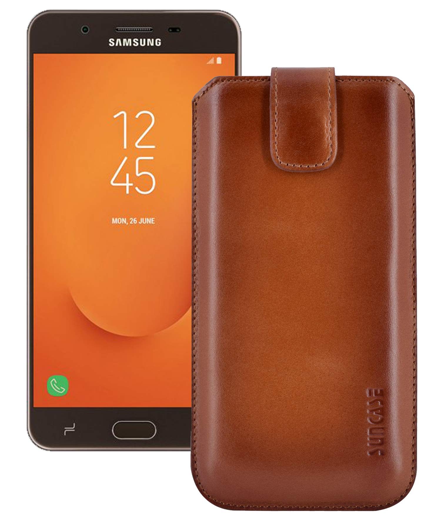 Slim Edition Leather Case for Samsung Galaxy J7 Prime 2 with Pull-Up Strap and Magnetic Closure Burned Cognac