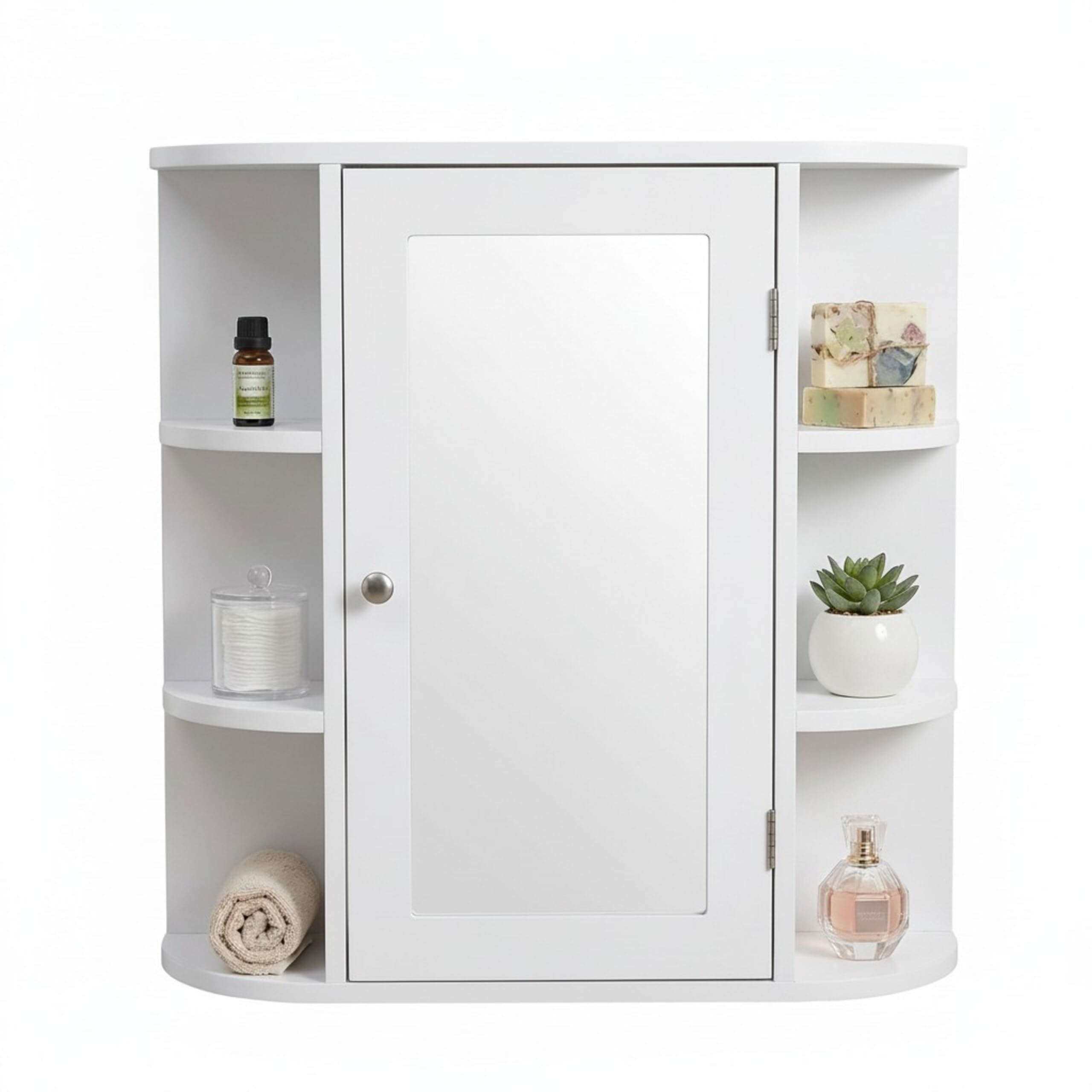 Relaxdays Armario con Espejo, 6 estantes, 4 Compartimentos, 58 x 61 x 18 cm, Montaje en Pared, Mueble de baño, Blanco.