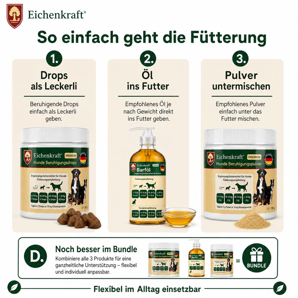 Beruhigungsmittel Hunde 3er Set Kausnacks Beruhigungspulver Lachsöl Barf Öl