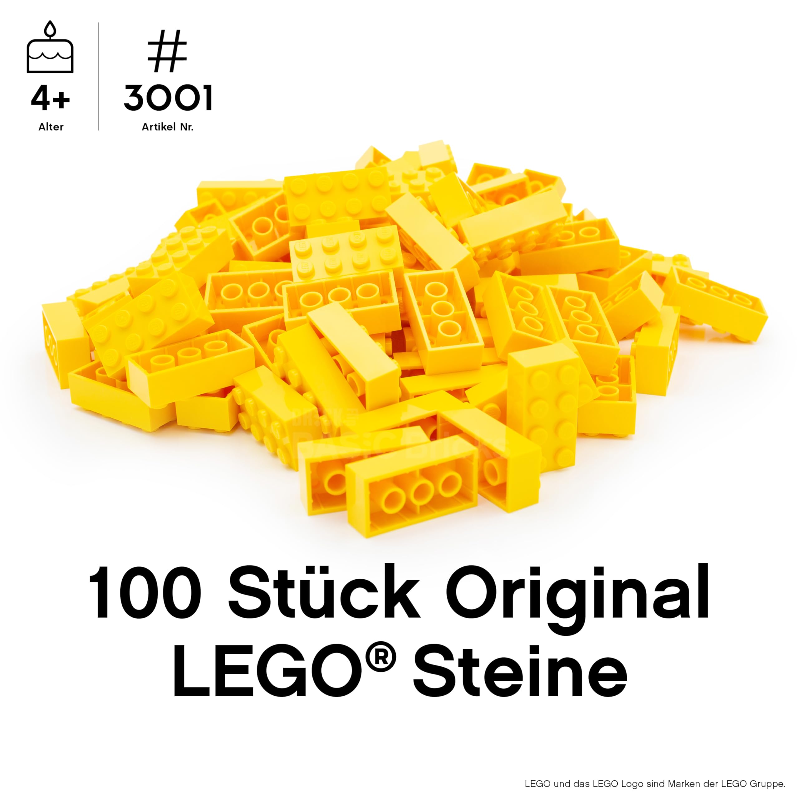 Lego 2x4 Piedras clásicas, 100 unidades – bloques de construcción individuales en paquete grande, para placa y caja Lego, juego de principiantes, ladrillos básicos (3001) (amarillo)