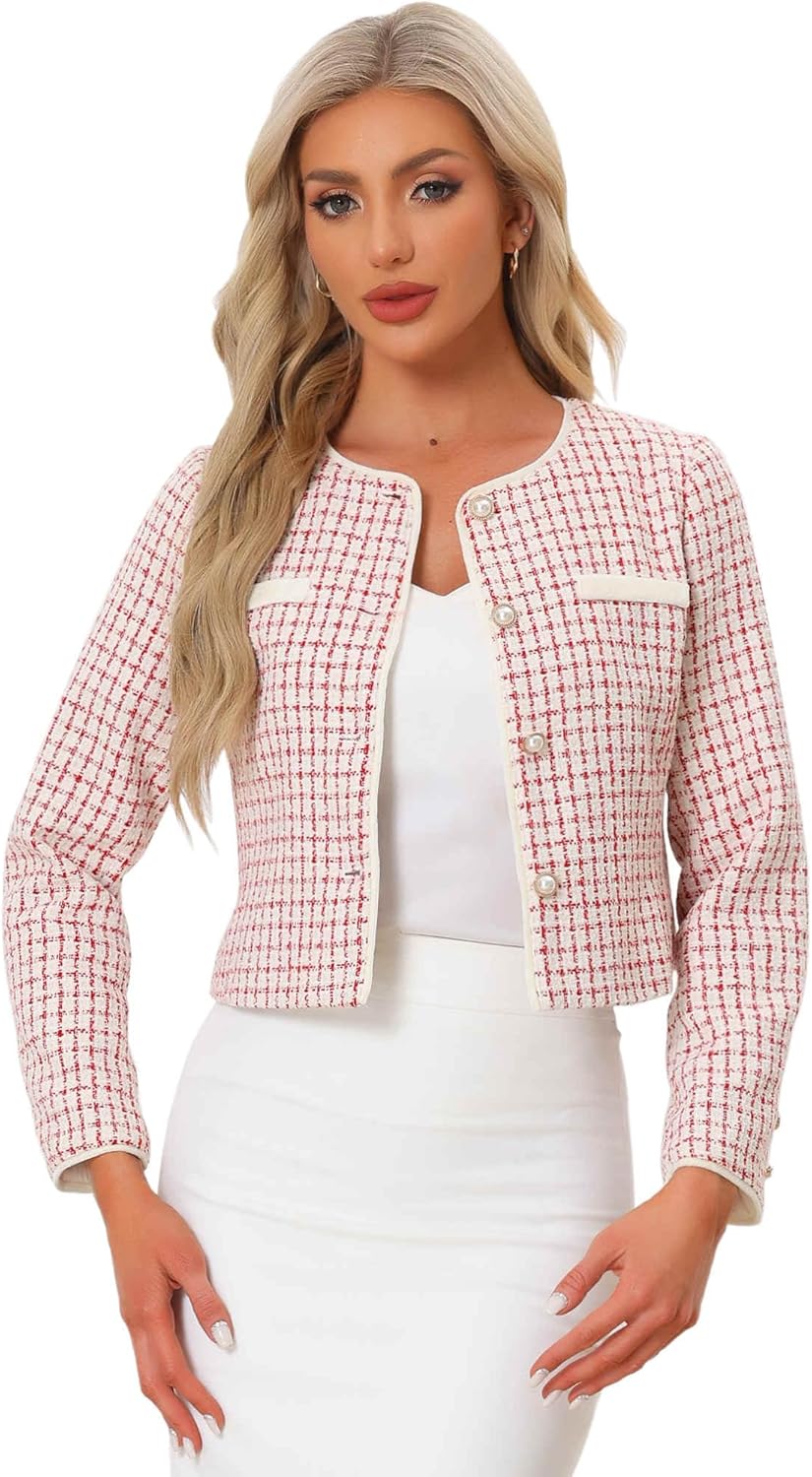 Allegra K Tweed Jacket for Women's Long Sleeve Casual Work Office Plaid Short Outwear