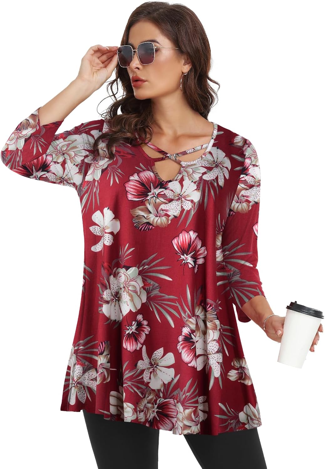 LARACE Plus Size Tops for Women V Neck 3/4 Sleeve Tunic Criss Cross Dress Shirts Casual Fall Blouse for Leggings - Image 4