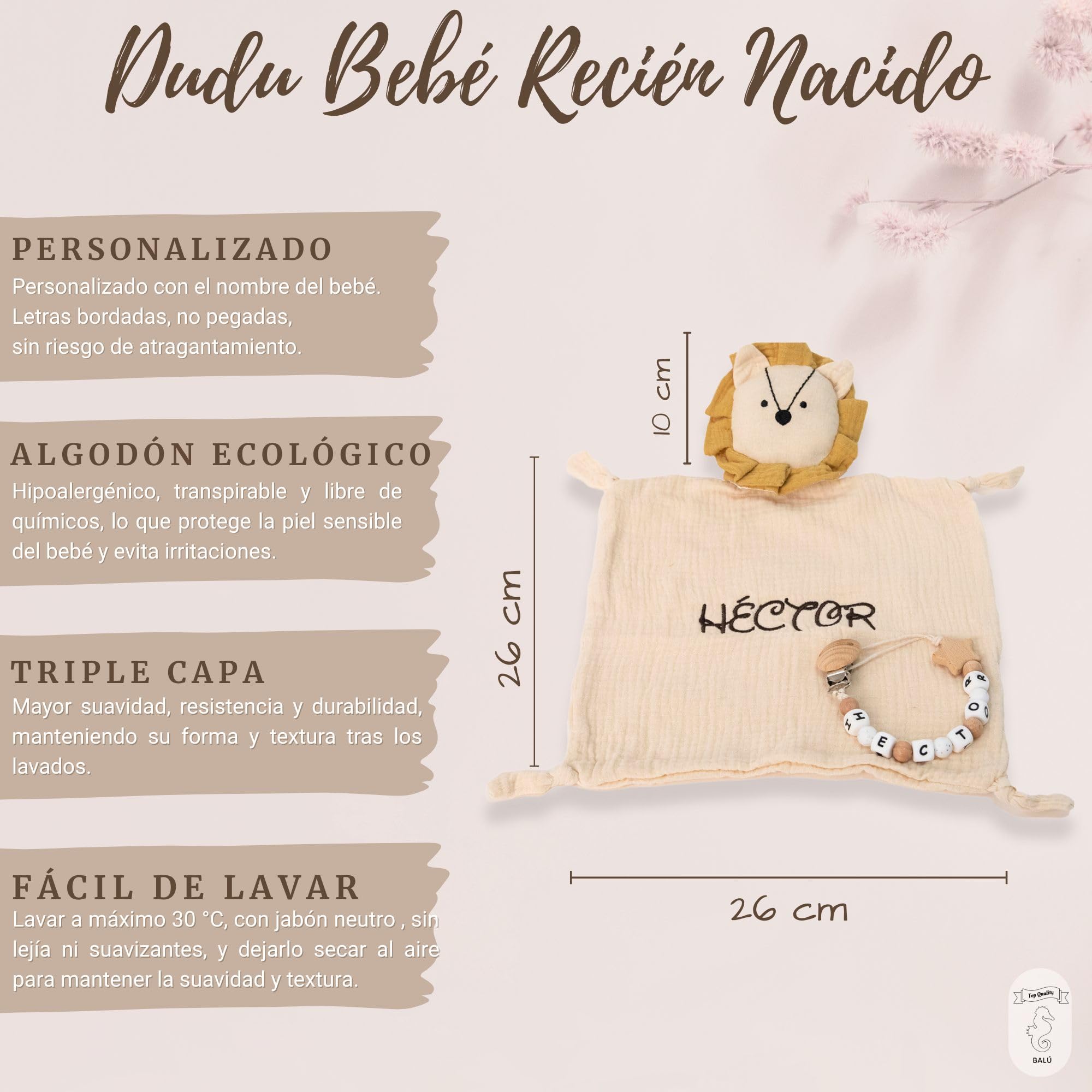 Doudou Bebé Personalizado con Nombre Bordado + Chupetero Madera | Algodón Orgánico 26x26 cm | Apto para Recién Nacidos, Hipoalergénico y Lavable | Regalo Bebé Personalizado Ideal (LEÓN)