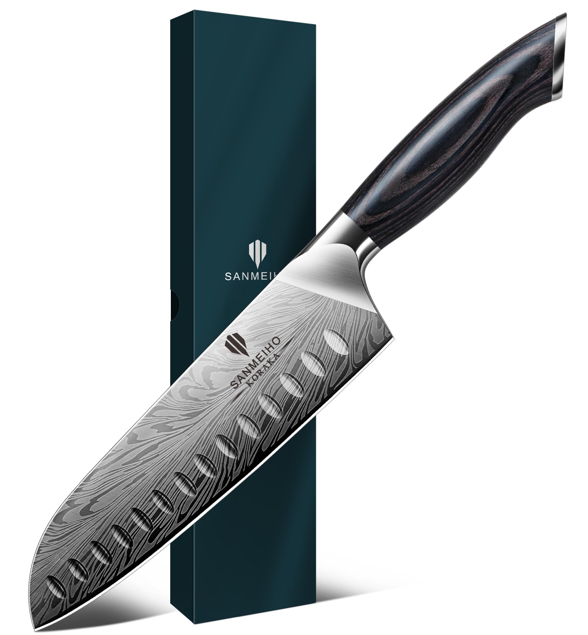 SANMEIHO Nóż Santoku ze stali w proszku, 18 cm profesjonalna kuchnia kuchnia japońska super ostra twarda stal nóż Santoku nóż do warzyw i mięsa, ergonomiczny uchwyt drewniany pakka