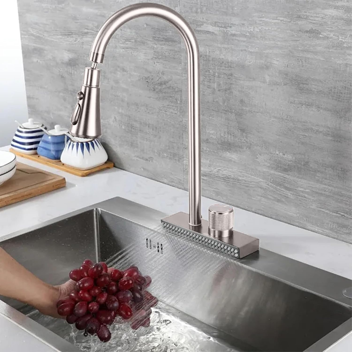 Luqeeg Flying Rain Faucet, Kitchen Waterfall Faucet, Pull Out Type, Stainless Steel, Brushed