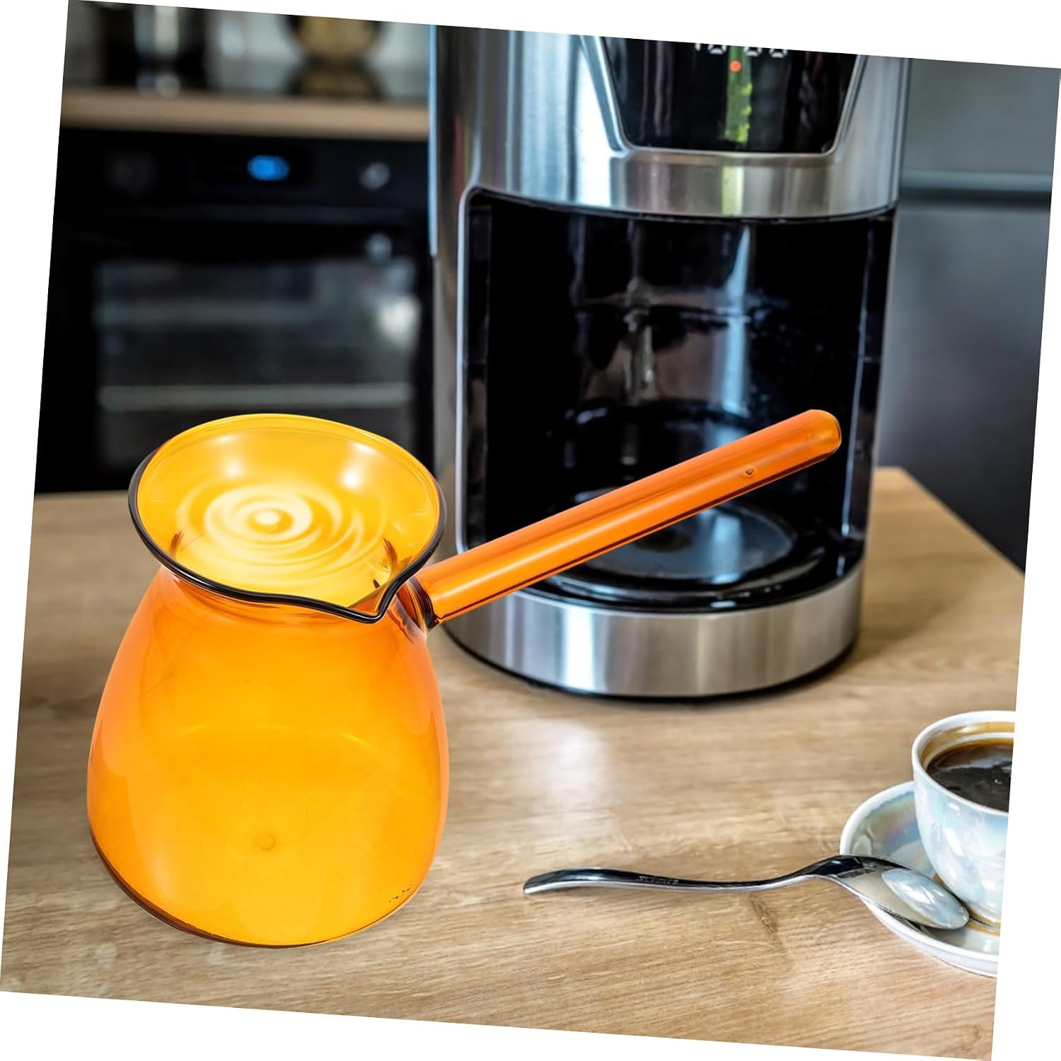 Cabilock Heat Resistant Small Glass Milk Kettle with Side Handle Borosilicate Turkish Coffee Pot Portable Glass Pitcher for Boiling Tea Coffee and Hot Liquids Comfortable Grip and Spill