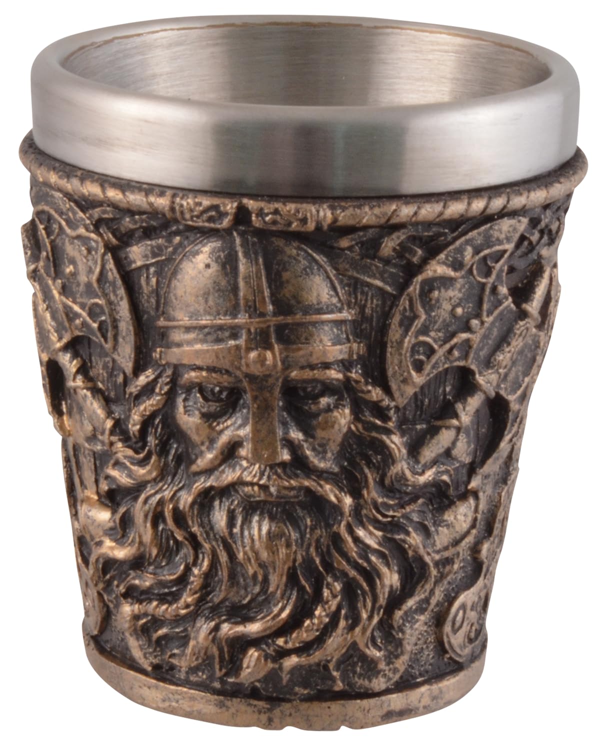 VOGLER Joh. Vogler GmbH Lot de 4 verres à shot en forme de tête de viking, avec insert en acier, en pierre artificielle, peint à la main, couleur bronze, volume : 50 ml