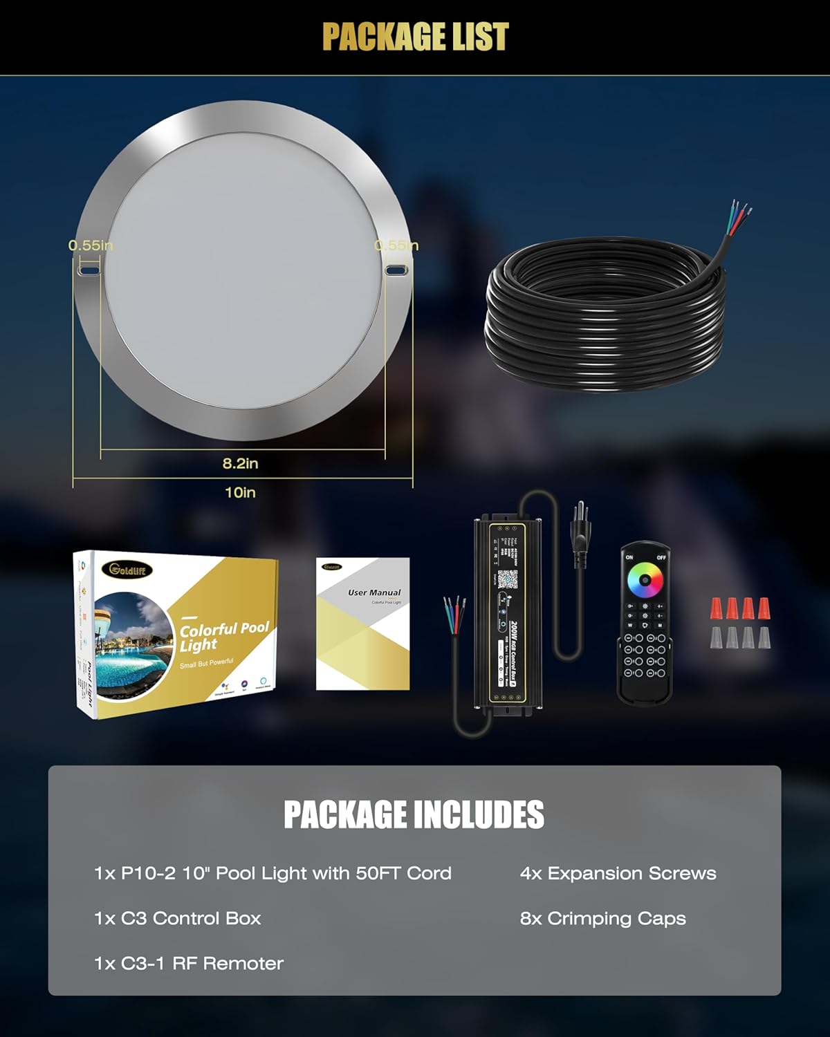 Goldlife P10 10“ 120W 12000LM RGB Pool Lights for Inground Pool Large Wet Niche, AC120V to DC12V, 50ft Cord, Underwater LED Lights with 1/2" NPT Thread, IP68 Swimming Pool Light