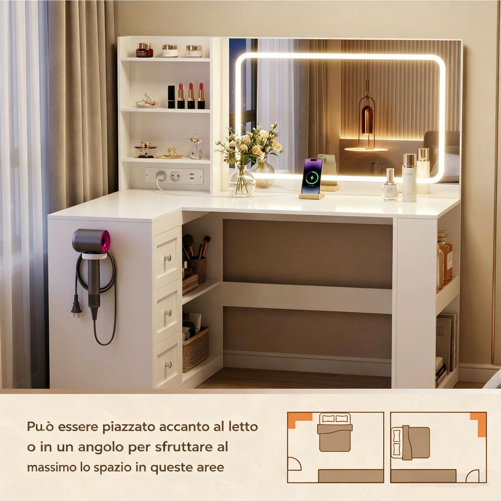 YOUDENOVA Toeletta Trucco con Luci e Prese a Led Regolabili, Toletta con Grande Specchio, Tavolo da Trucco con 3 Cassetti, 7 Ripiani per la Camera da Letto, Bianco